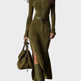 Vintage Grüne Maxikleid mit Reißverschluss und Gürtel