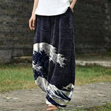 Aurélie – Weite marineblaue Hose mit stilisierten Wellen