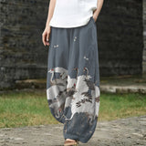 Michèle – Graue weite Hose mit Vogelmotiv