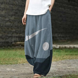 Aurore – Weite graublau Hose mit Katzen- und Mondmuster