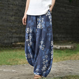 Éliane – Weite blaue Hose mit Pflaumenblütenmuster
